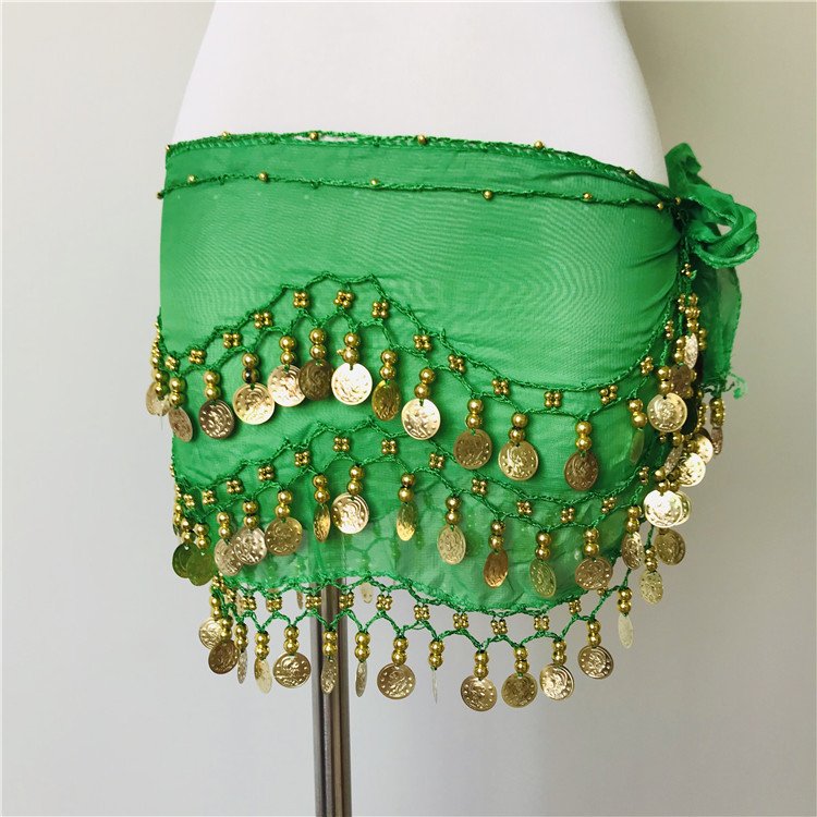 3 Rows Belly Dance Dancing Hip Scarf Belt Chain Skirt Golden Tone 98 Coin Beads