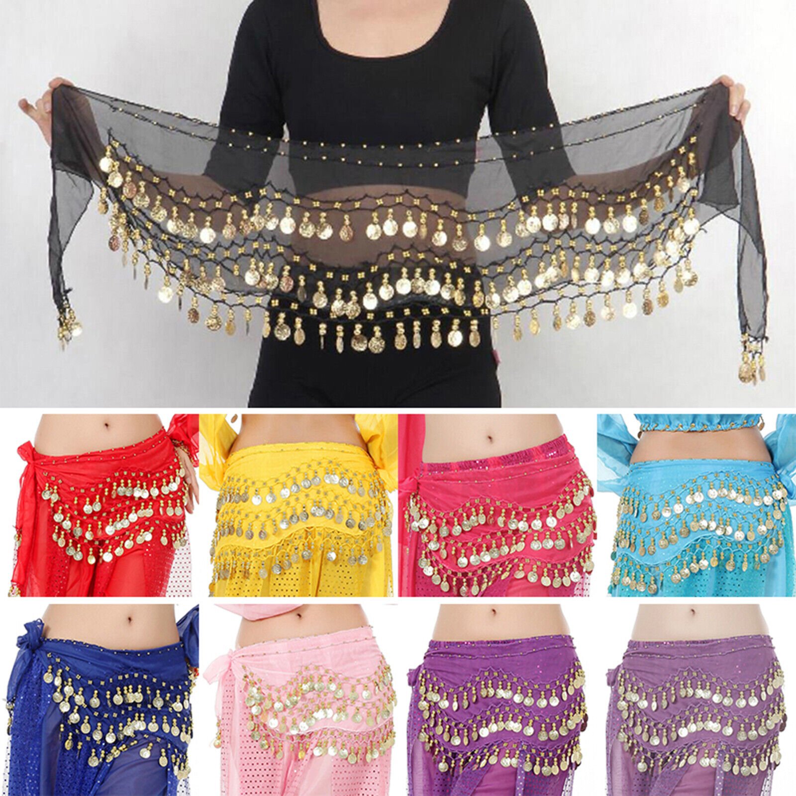 3 Rows Belly Dance Dancing Hip Scarf Belt Chain Skirt Golden Tone 98 Coin Beads