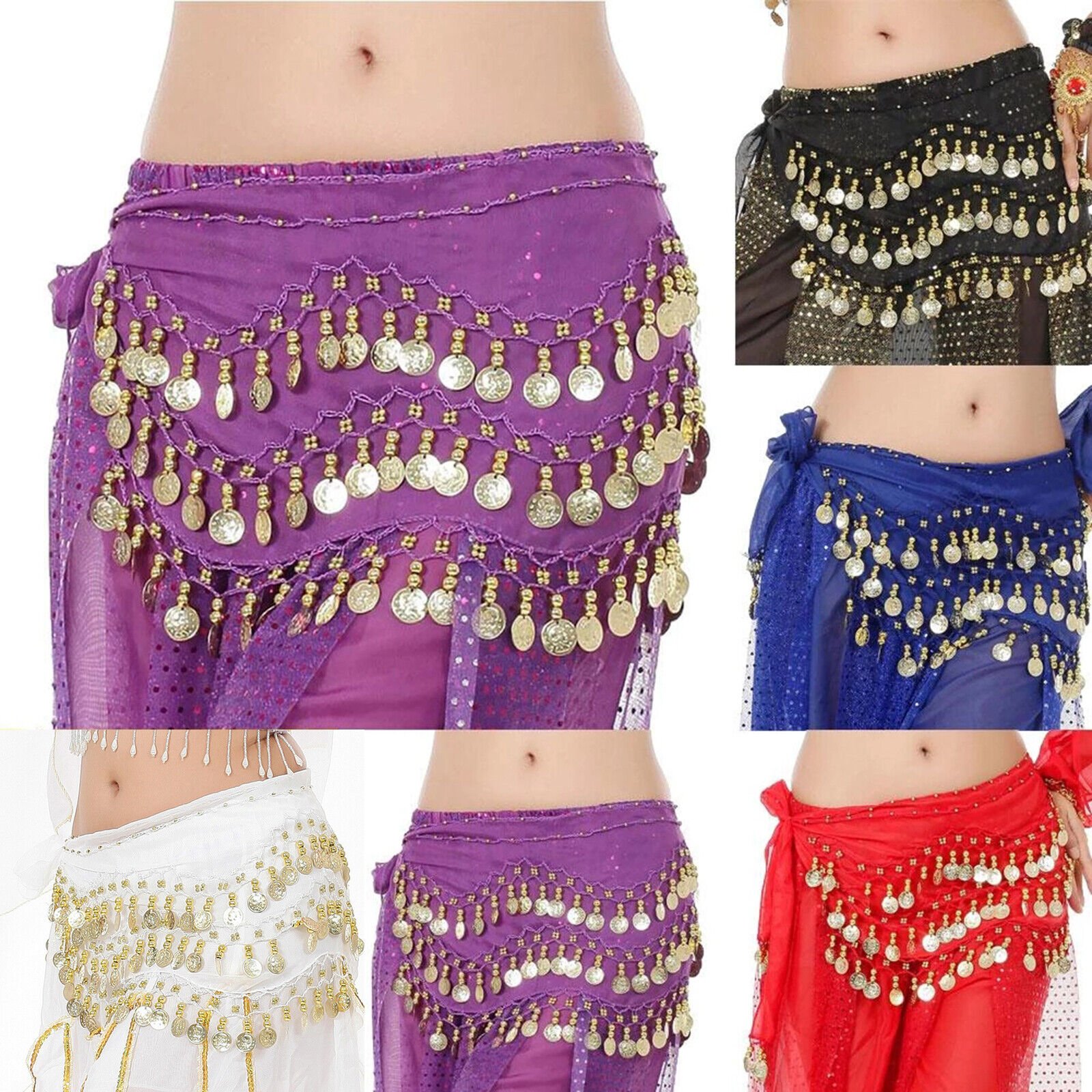 3 Rows Belly Dance Dancing Hip Scarf Belt Chain Skirt Golden Tone 98 Coin Beads