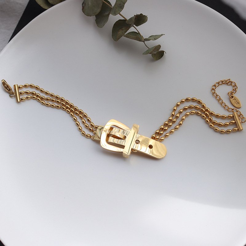 Personalized Belt Buckles Women Bracelet Bangle Stainless Steel Gold Beads Chain For Daily Wear