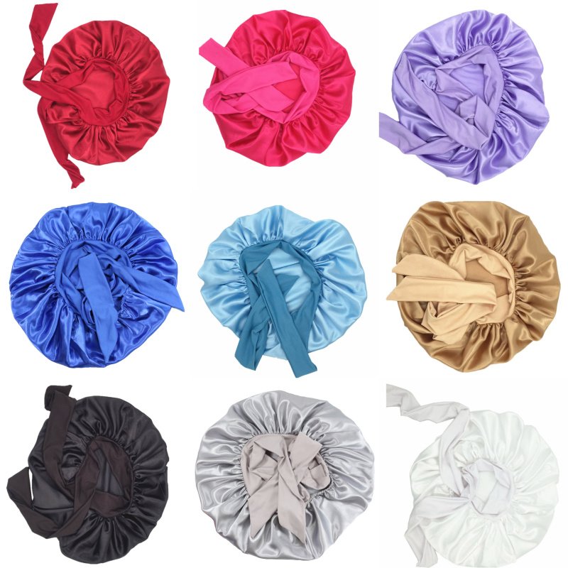 HZO-18132 Hot Extra Large Satin Hair Bonnet With Wrap Sleeping Bonnets With Belt Band Tails Silky Tie Bonnet