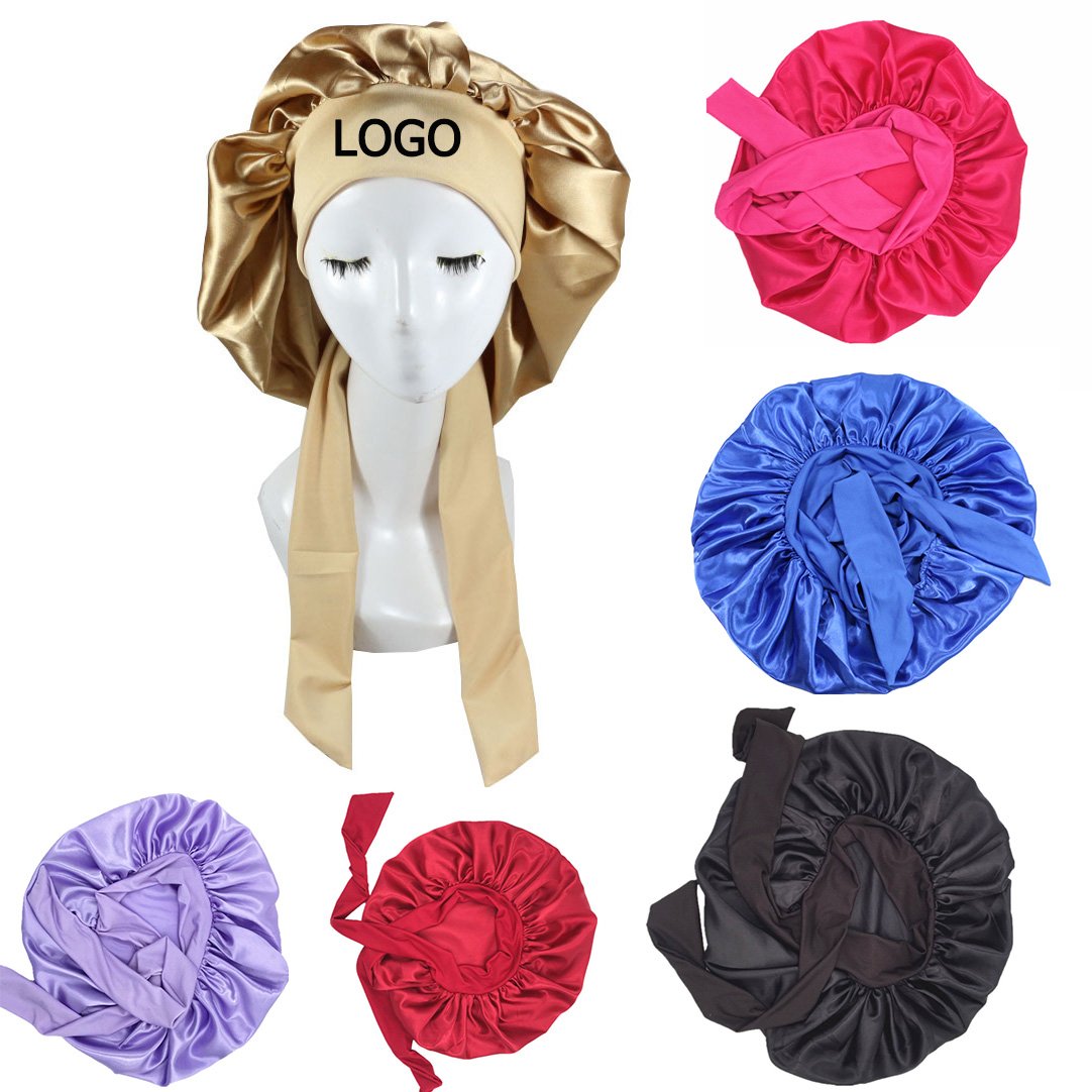 HZO-18132 Hot Extra Large Satin Hair Bonnet With Wrap Sleeping Bonnets With Belt Band Tails Silky Tie Bonnet