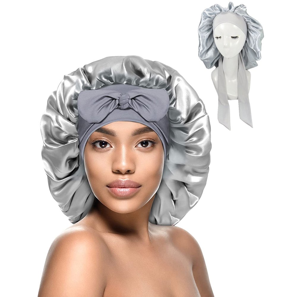 HZO-18132 Hot Extra Large Satin Hair Bonnet With Wrap Sleeping Bonnets With Belt Band Tails Silky Tie Bonnet