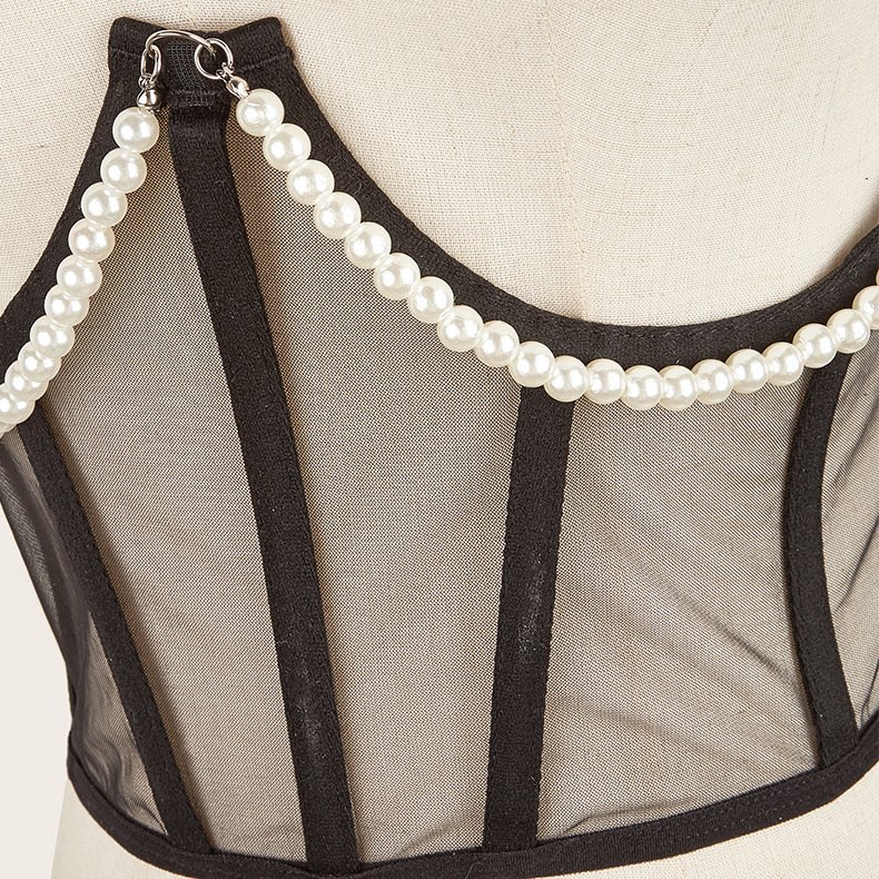 Women See Through Mesh Lace Up Bustier Corset Mesh Lace Up Bustier Corset Metal Chain Boned Overbust Waist Cincher Wide Belt