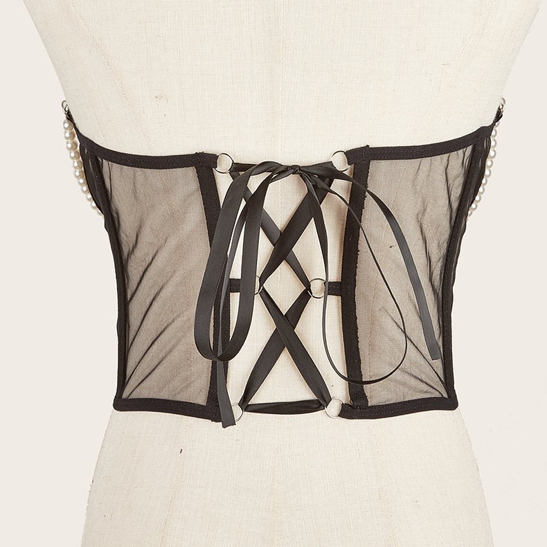Women See Through Mesh Lace Up Bustier Corset Mesh Lace Up Bustier Corset Metal Chain Boned Overbust Waist Cincher Wide Belt