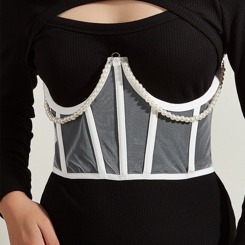 Women See Through Mesh Lace Up Bustier Corset Mesh Lace Up Bustier Corset Metal Chain Boned Overbust Waist Cincher Wide Belt