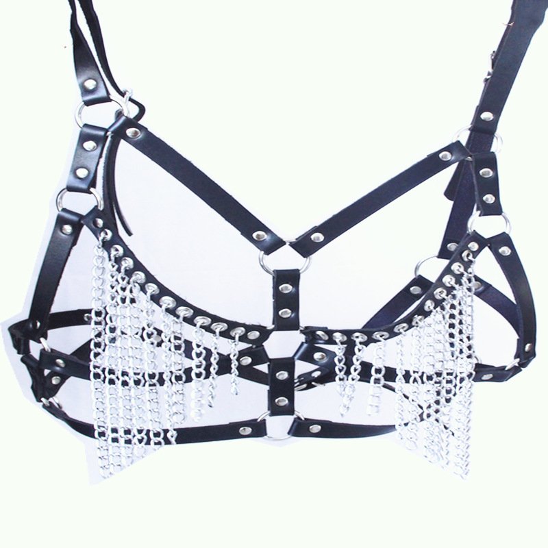 Fashion Punk Woman Sexy Bondage gear Leather Harness Chain Tassel Bra Exotic Lingerie Gothic Body Chain Belt Lingerie