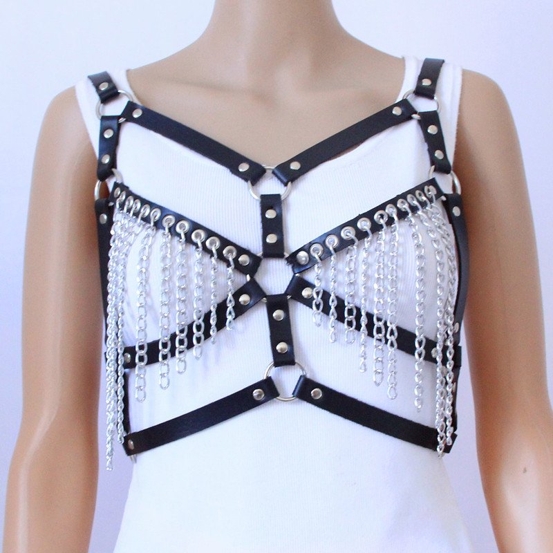 Fashion Punk Woman Sexy Bondage gear Leather Harness Chain Tassel Bra Exotic Lingerie Gothic Body Chain Belt Lingerie