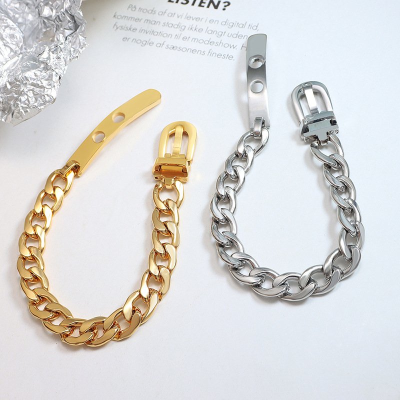 INS 18k Gold Plated Stainless Steel Wide Jewelry Thick Chain Strap Buckle Bracelet Bangle For Girls Party Gift