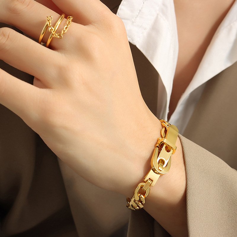 INS 18k Gold Plated Stainless Steel Wide Jewelry Thick Chain Strap Buckle Bracelet Bangle For Girls Party Gift
