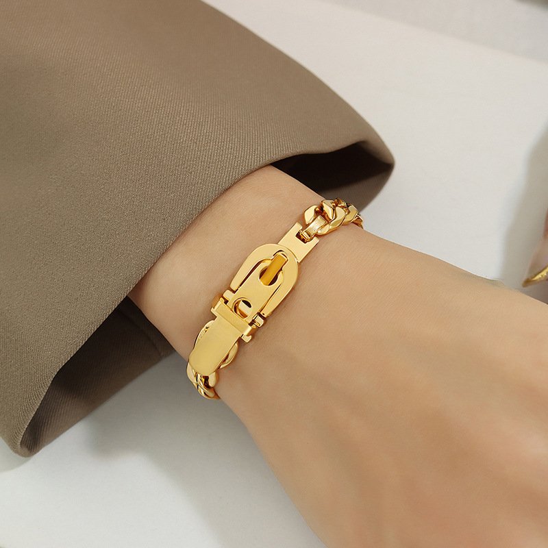 INS 18k Gold Plated Stainless Steel Wide Jewelry Thick Chain Strap Buckle Bracelet Bangle For Girls Party Gift