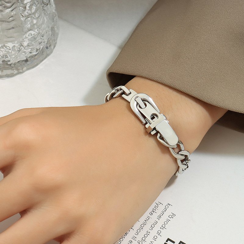 INS 18k Gold Plated Stainless Steel Wide Jewelry Thick Chain Strap Buckle Bracelet Bangle For Girls Party Gift