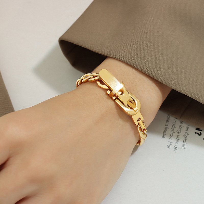 INS 18k Gold Plated Stainless Steel Wide Jewelry Thick Chain Strap Buckle Bracelet Bangle For Girls Party Gift
