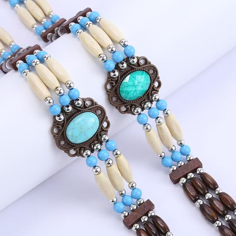 Turquoise wood bead denim hat strap, grassland style wood bead hat chain strap, woven top hat accessory strap