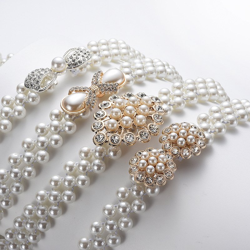 2CM Wide Elegant Style Womens Summer Dress Elastic Pearl Belts Waist Chain Belts for Lady