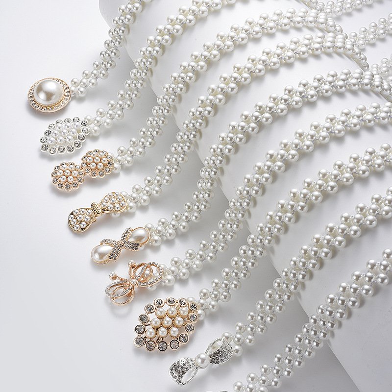 2CM Wide Elegant Style Womens Summer Dress Elastic Pearl Belts Waist Chain Belts for Lady