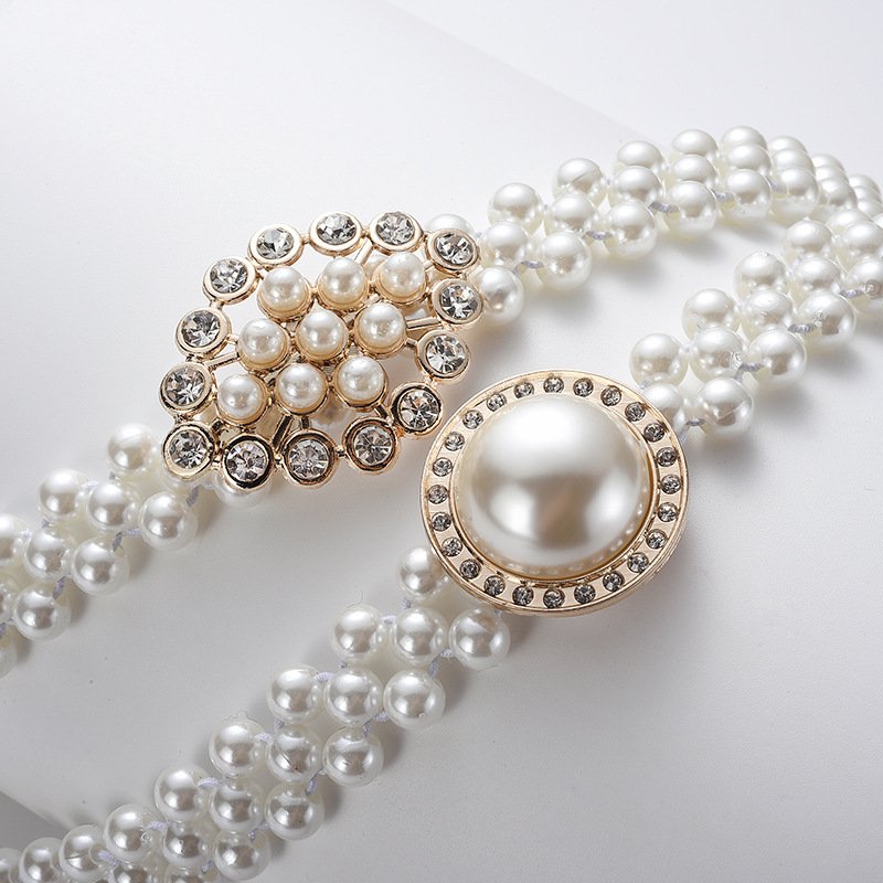 2CM Wide Elegant Style Womens Summer Dress Elastic Pearl Belts Waist Chain Belts for Lady