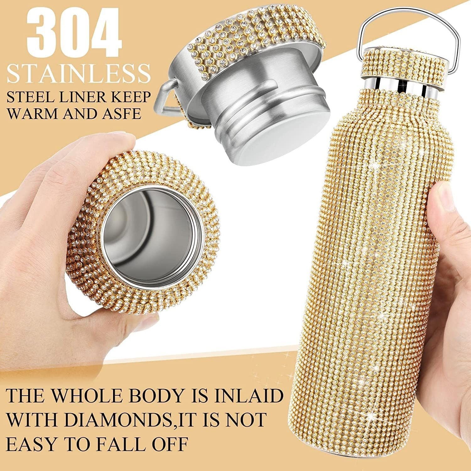 Stainless Steel Bling Diamond Thermos Cup, Rhinestone Cup Crystal Vacuum Insulated Mug for Women, Double Layer Belt Chain Cup