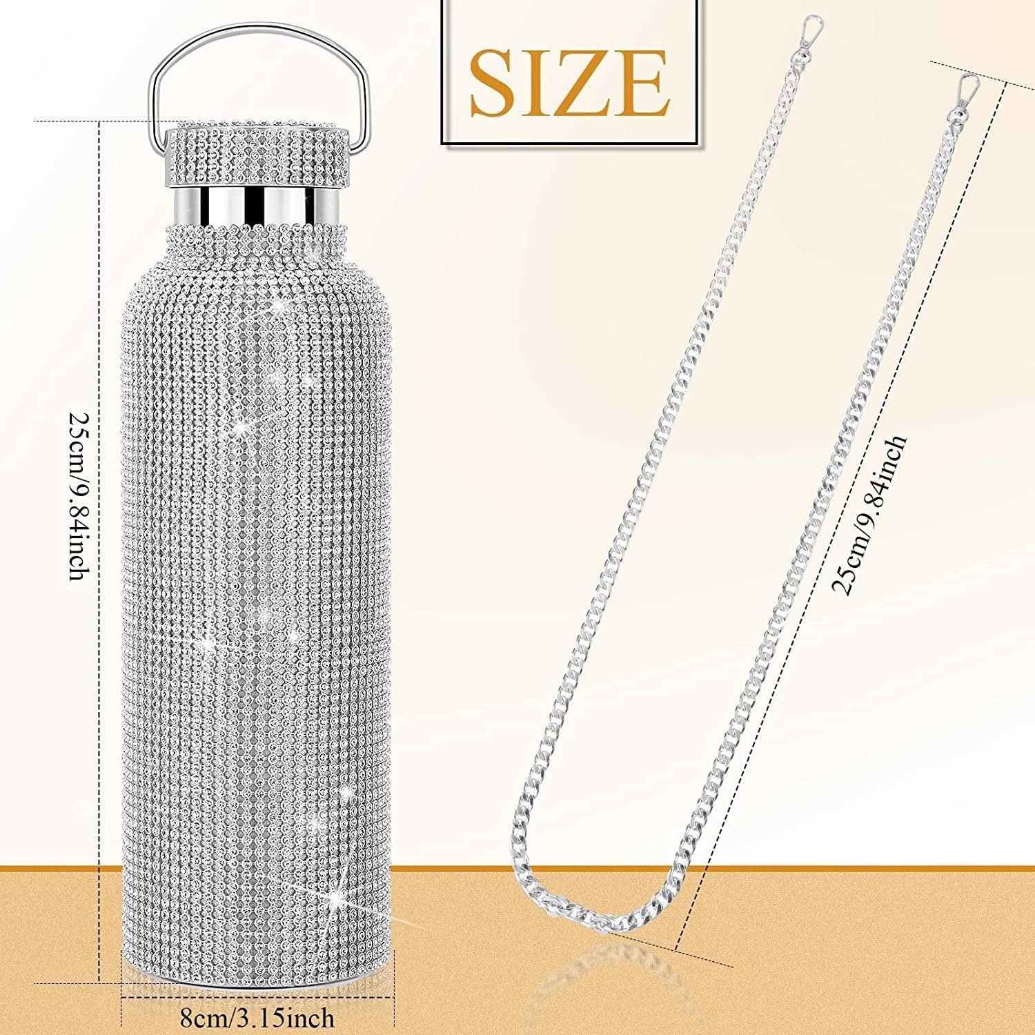 Stainless Steel Bling Diamond Thermos Cup, Rhinestone Cup Crystal Vacuum Insulated Mug for Women, Double Layer Belt Chain Cup