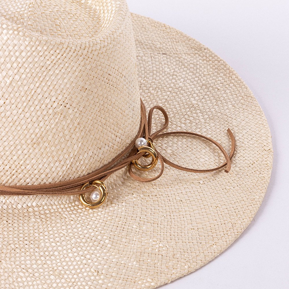 Sun Hat Travelling Ladies Sombrero Chapeau Women Hats Shinehats Metal Chain Strap Sisal Beach Jazz Panama Outdoor Luxury Free