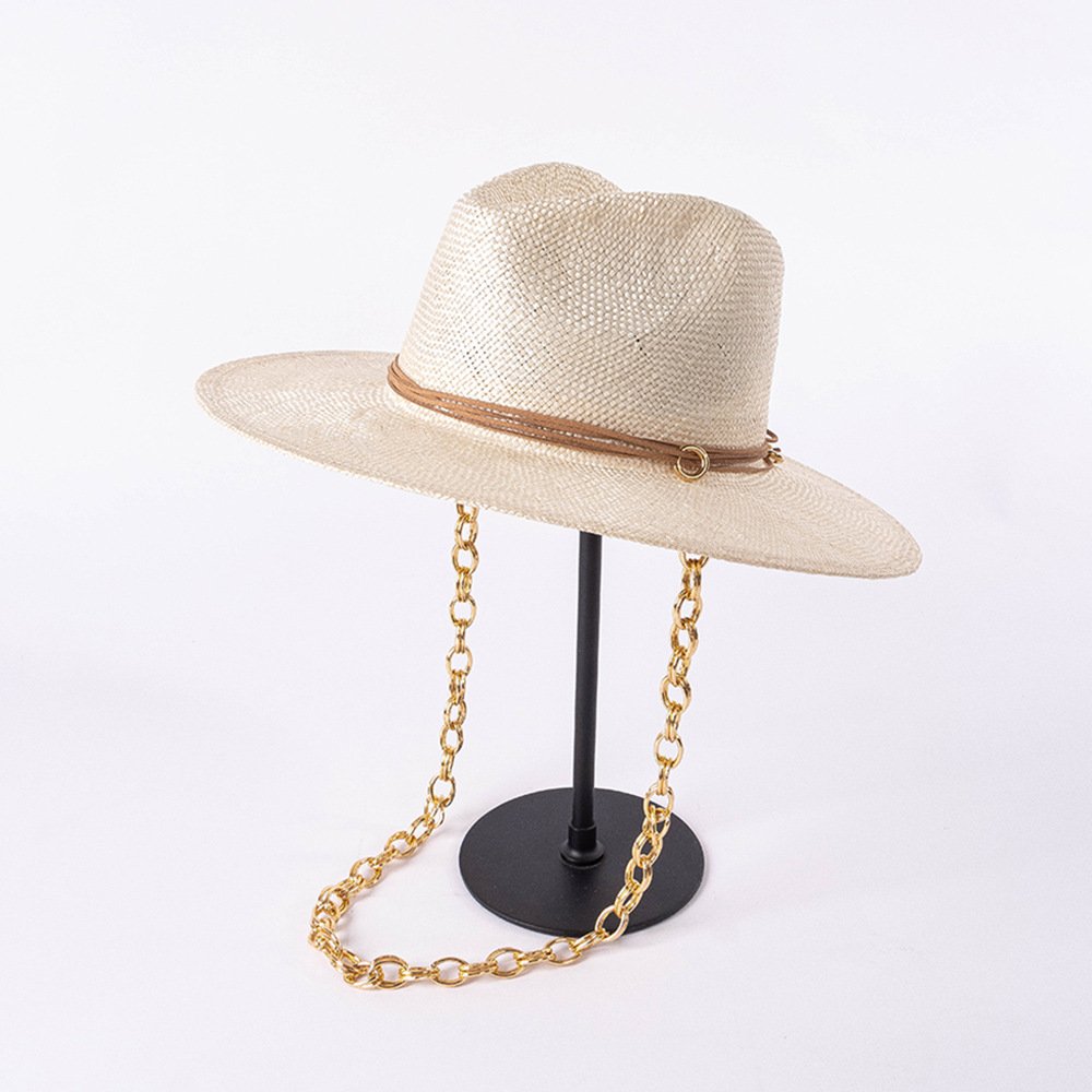 Sun Hat Travelling Ladies Sombrero Chapeau Women Hats Shinehats Metal Chain Strap Sisal Beach Jazz Panama Outdoor Luxury Free