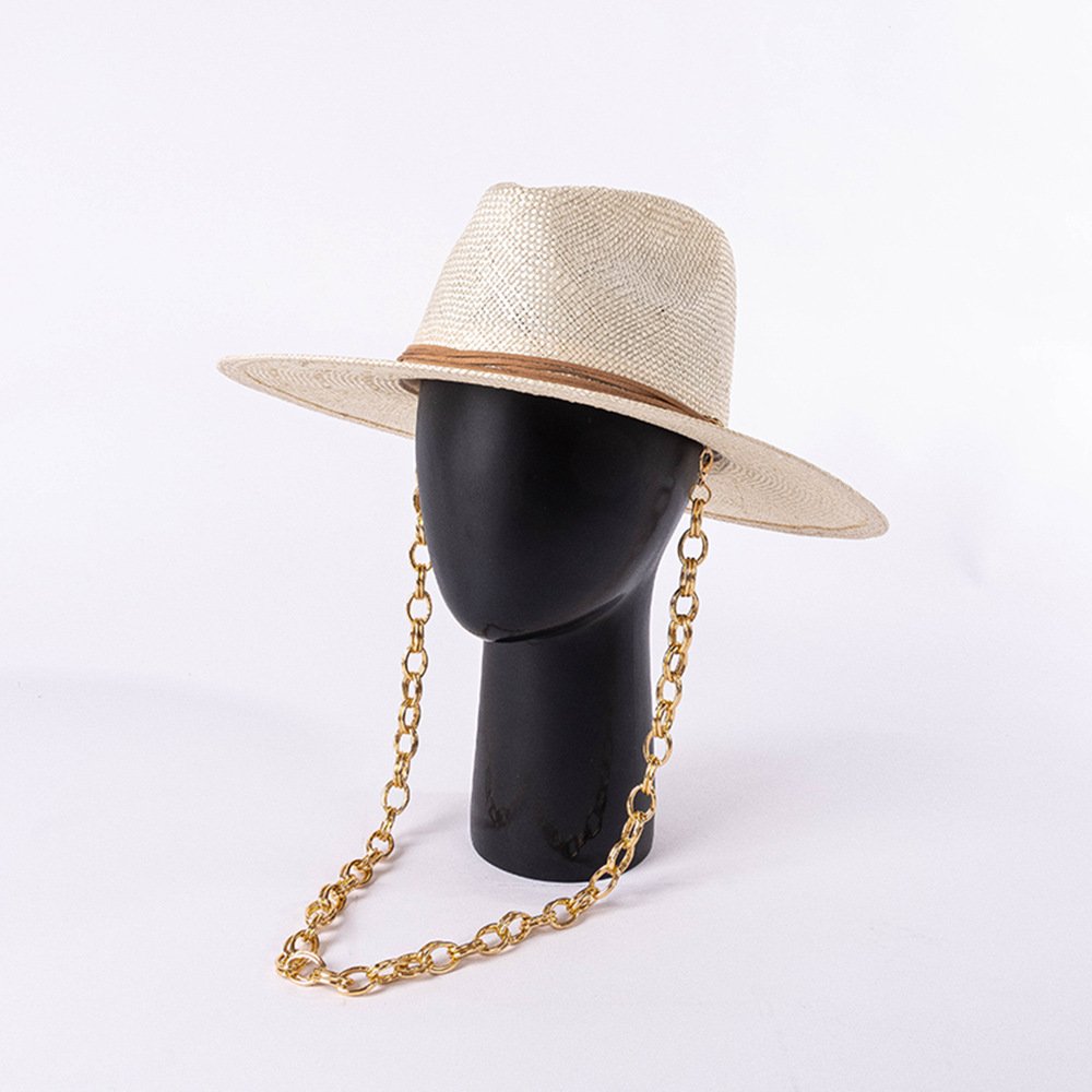 Sun Hat Travelling Ladies Sombrero Chapeau Women Hats Shinehats Metal Chain Strap Sisal Beach Jazz Panama Outdoor Luxury Free