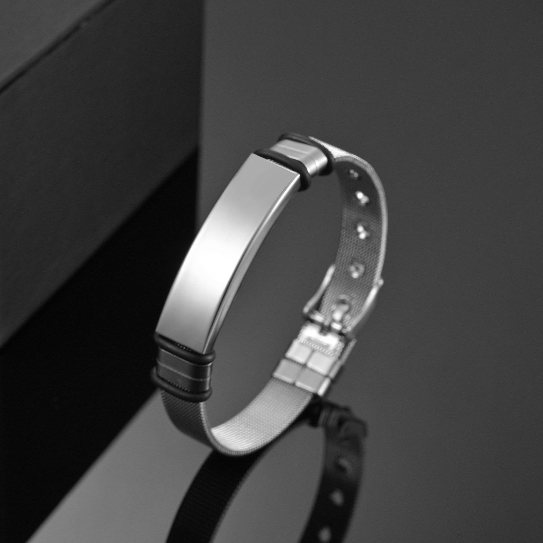 Stainless Steel Mesh Chain Bracelet Black Bar Laser Engraving Men Jewelry Word Laser Engraved