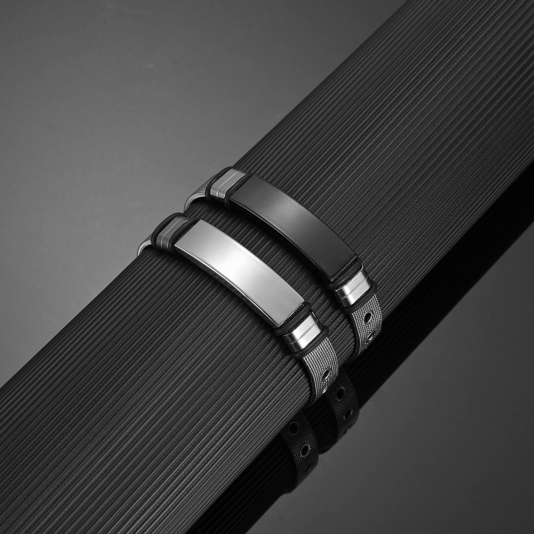 Stainless Steel Mesh Chain Bracelet Black Bar Laser Engraving Men Jewelry Word Laser Engraved