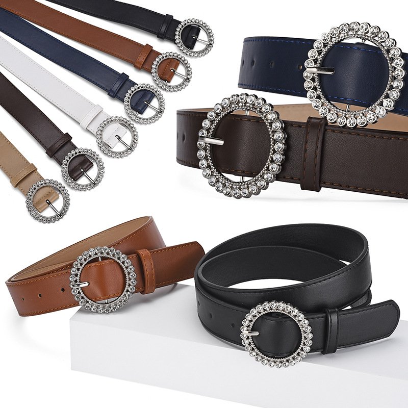 Hot sale rhinestone metal round buckle belt fashion pu leather belt all-match fashion casual decoration ladies belt