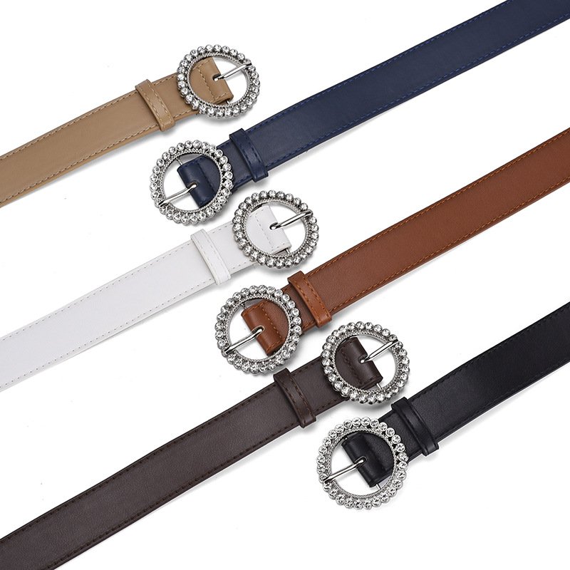 Hot sale rhinestone metal round buckle belt fashion pu leather belt all-match fashion casual decoration ladies belt