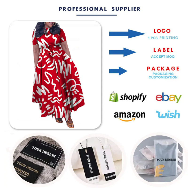 D3266 Latest Design Casual Dresses Women Lady Elegant Lace up Short Sleeve Printing Long Dresses Women Summer Dresses