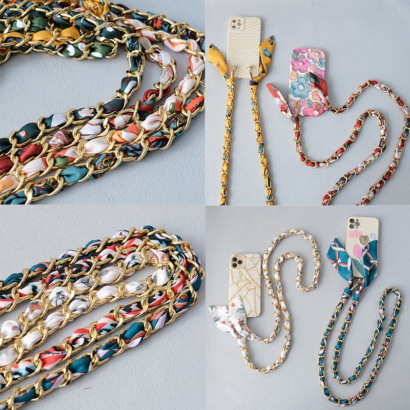 RW 2024 Elegant Bag Decoration 120cm Phone Purse Crossbody Chain Handbag Shoulder Handle Belt Silk Scarf Woven Metal Chain Strap