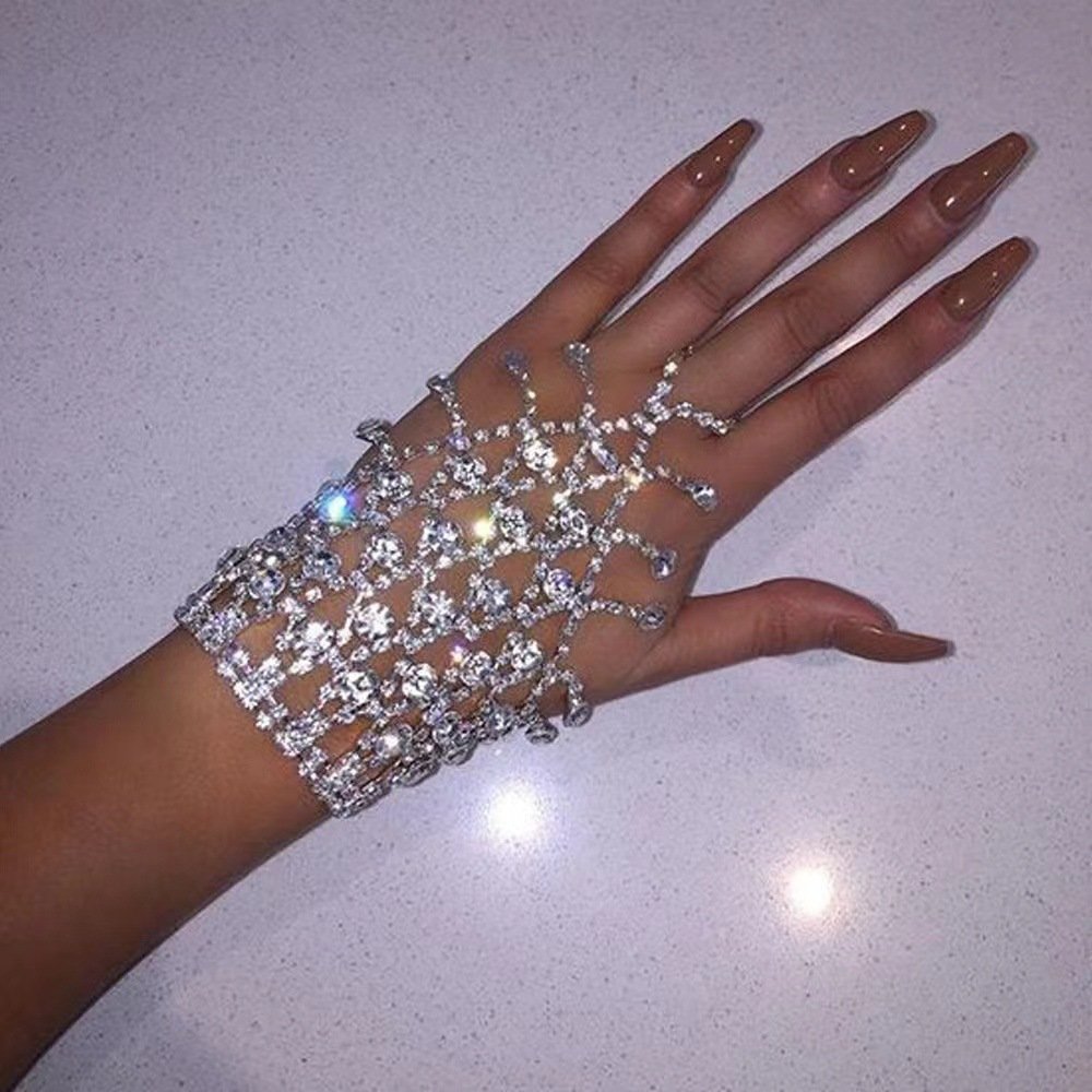 Personalized Women's Fine Rhinestone Hand Chain Fashion Tassel Shiny Mesh Finger Bracelet Bridal Wrist Decoration Perfect Gift