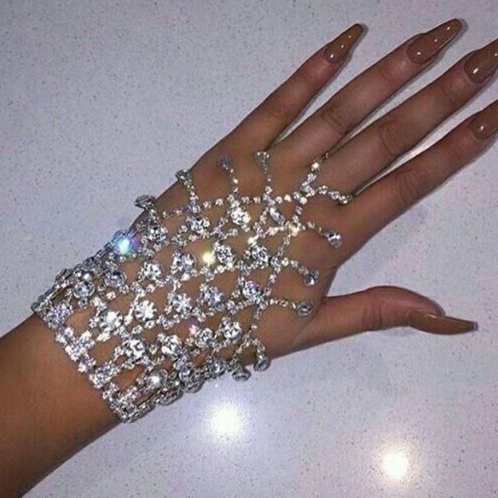 Personalized Women's Fine Rhinestone Hand Chain Fashion Tassel Shiny Mesh Finger Bracelet Bridal Wrist Decoration Perfect Gift