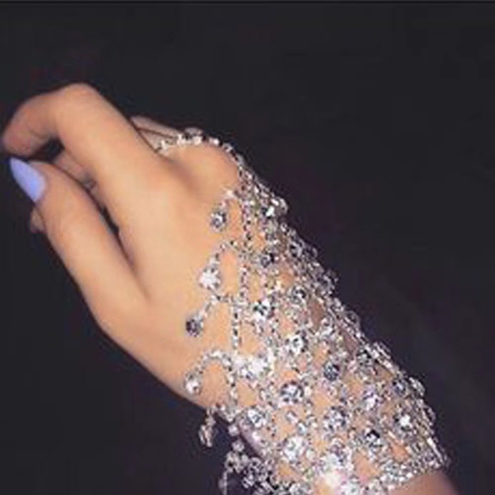 Personalized Women's Fine Rhinestone Hand Chain Fashion Tassel Shiny Mesh Finger Bracelet Bridal Wrist Decoration Perfect Gift