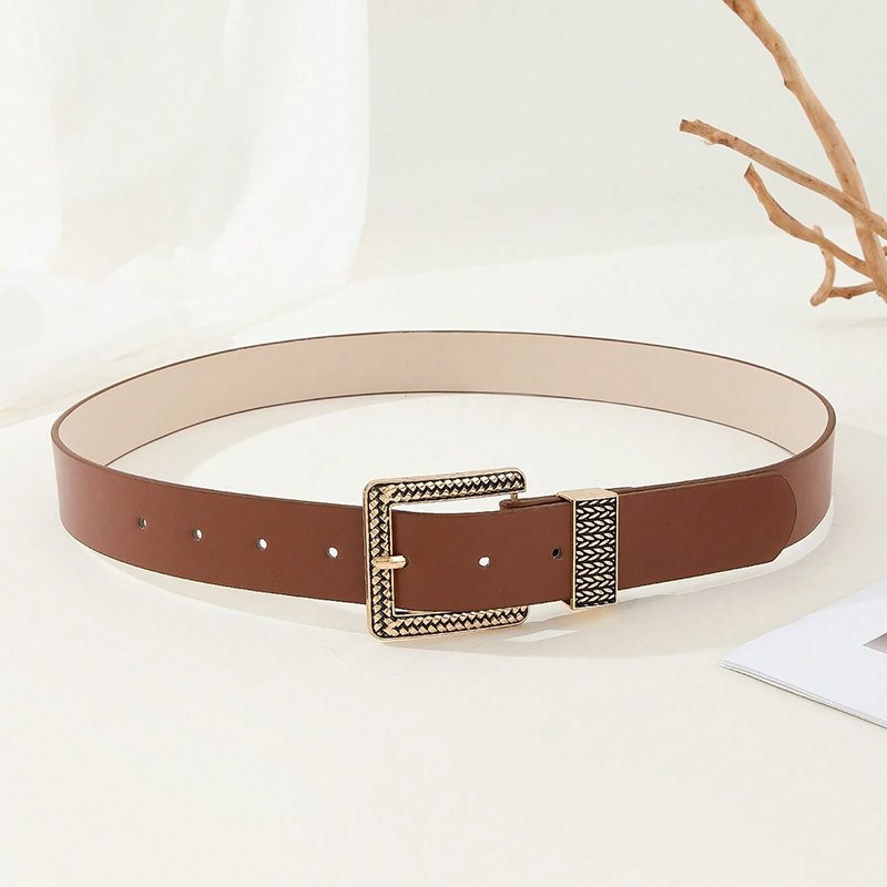 Women's Fashionable Gold Chain Square Buckle Belt Great For Daily Wear With Coats Dresses And Jeans Black PU Leather Waistband