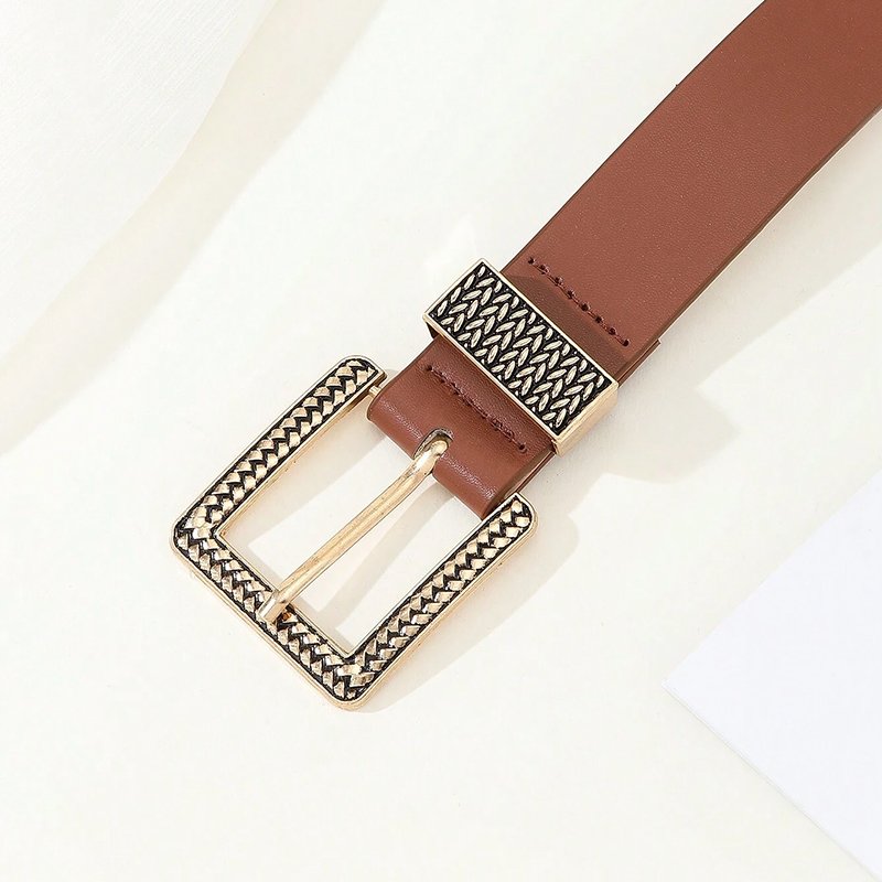 Women's Fashionable Gold Chain Square Buckle Belt Great For Daily Wear With Coats Dresses And Jeans Black PU Leather Waistband