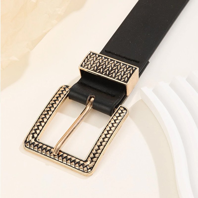 Women's Fashionable Gold Chain Square Buckle Belt Great For Daily Wear With Coats Dresses And Jeans Black PU Leather Waistband
