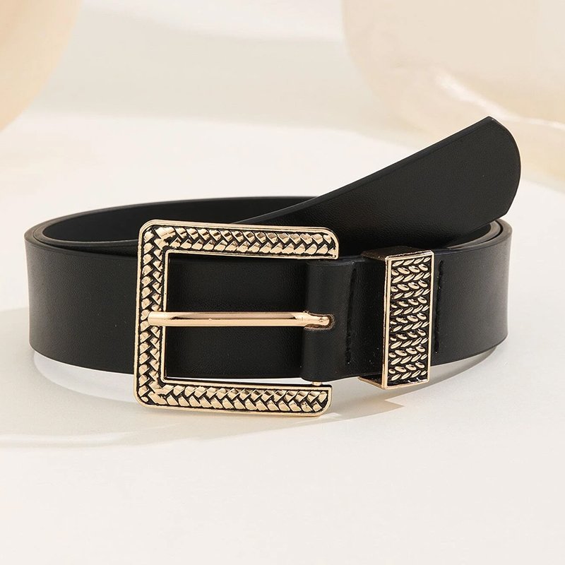 Women's Fashionable Gold Chain Square Buckle Belt Great For Daily Wear With Coats Dresses And Jeans Black PU Leather Waistband