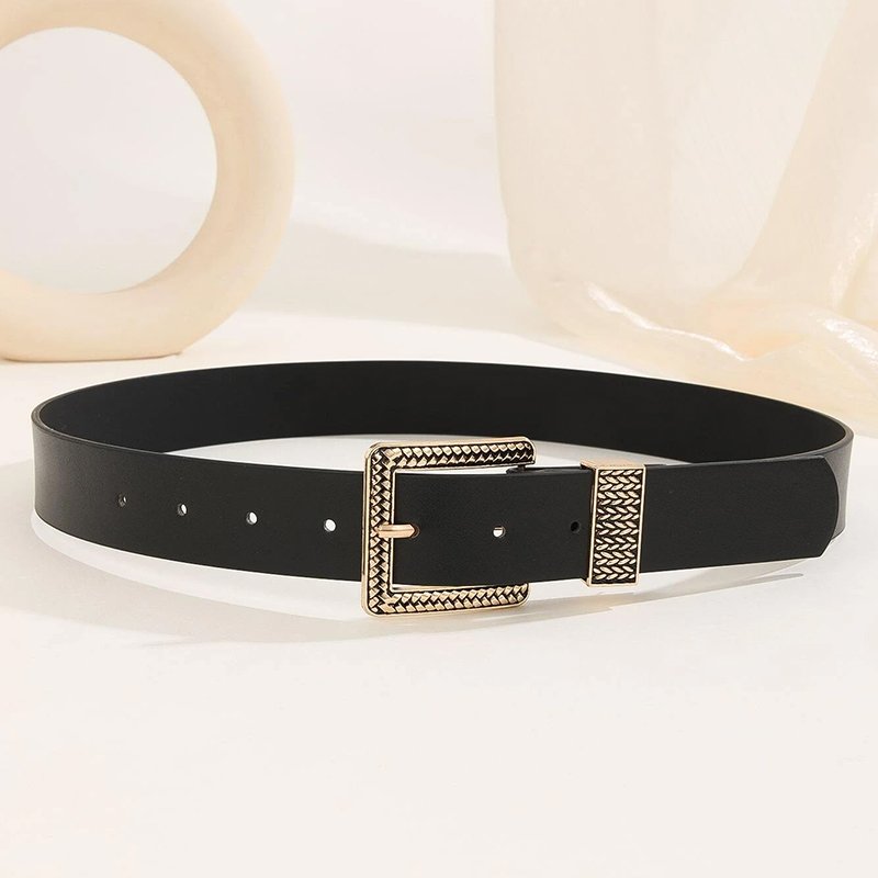 Women's Fashionable Gold Chain Square Buckle Belt Great For Daily Wear With Coats Dresses And Jeans Black PU Leather Waistband