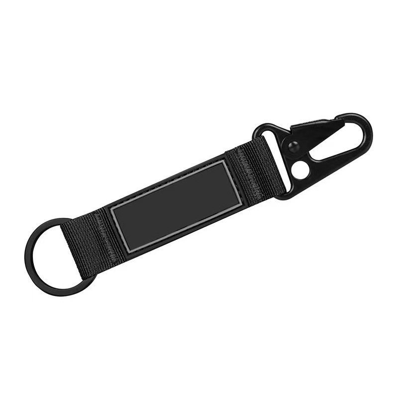 Custom black color nylon ribbon hard material one side rubber patch sewing logo outdoor strap wrist keychain short lanyard