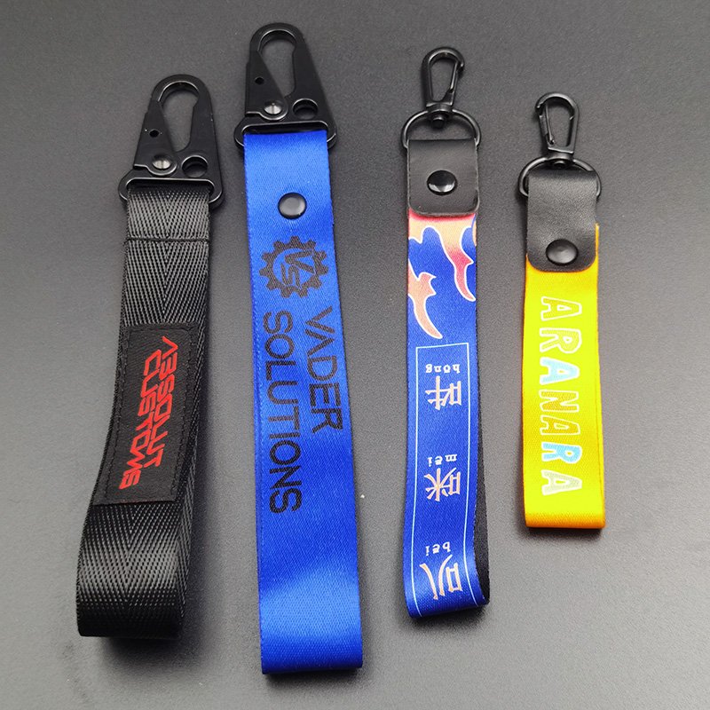 Custom black color nylon ribbon hard material one side rubber patch sewing logo outdoor strap wrist keychain short lanyard