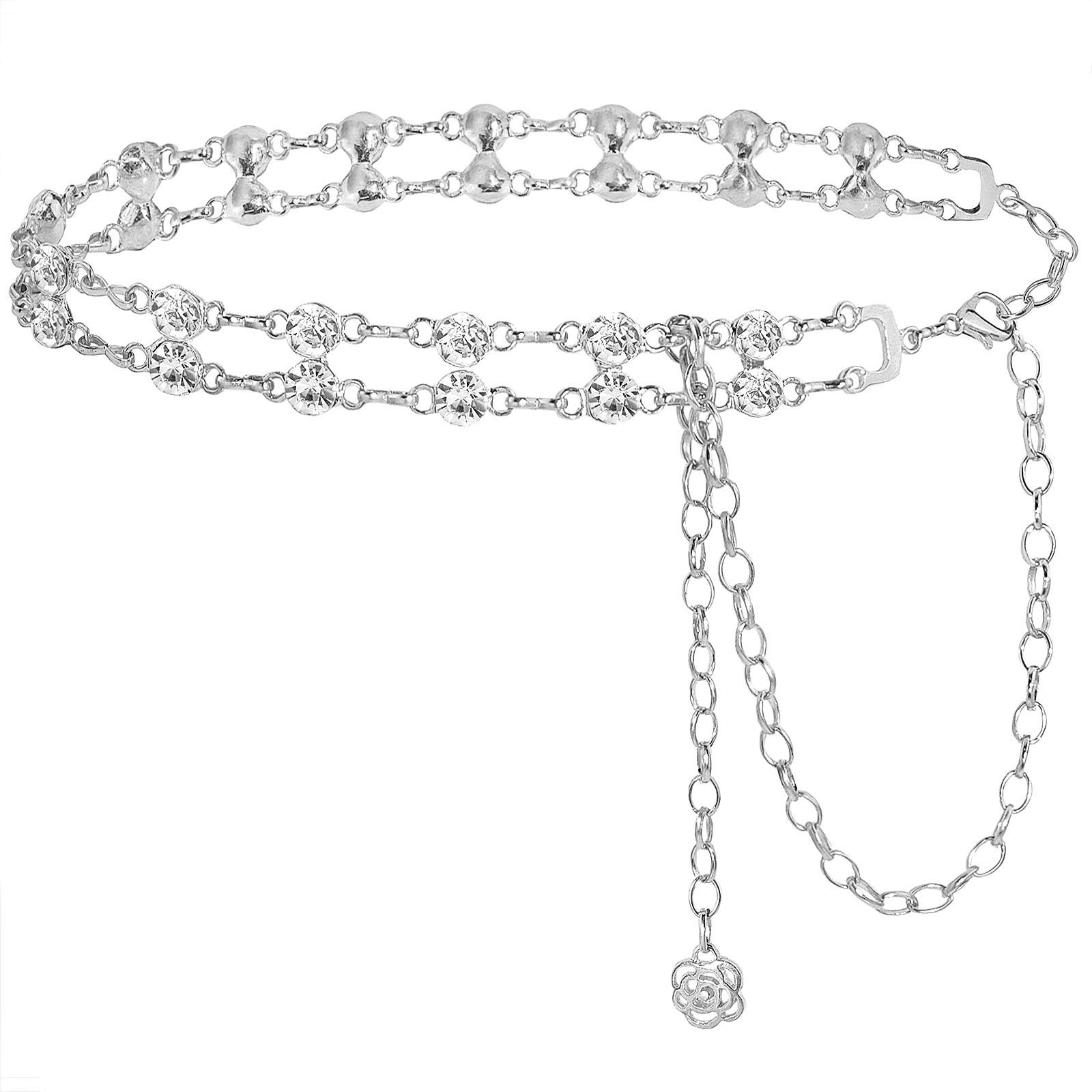 Chain Belts for Women Girls Double Row Crystal Metal Waist Link Belt Gold Z242