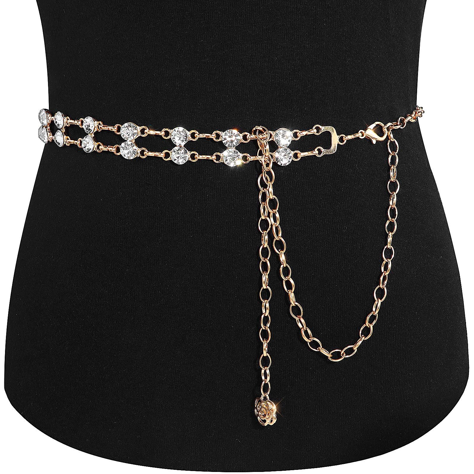 Chain Belts for Women Girls Double Row Crystal Metal Waist Link Belt Gold Z242
