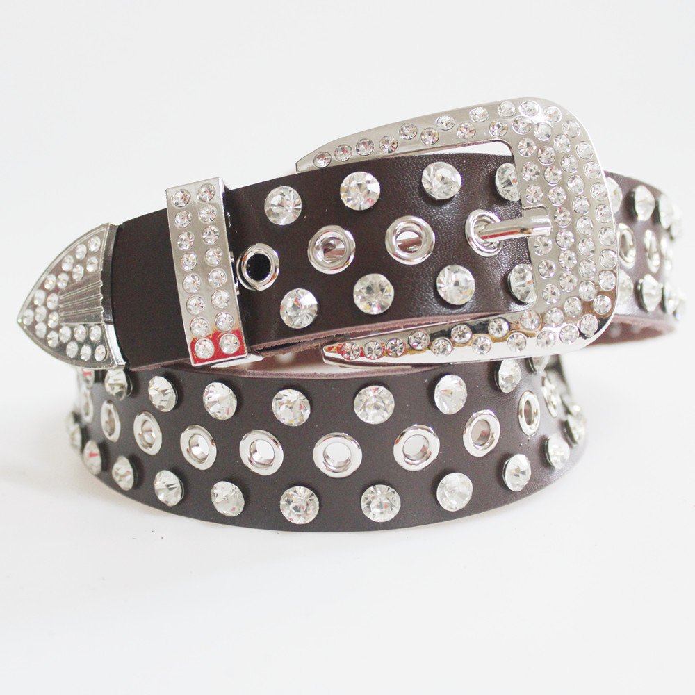 Women's Genuine Leather Belts With Diamond Decorative Alloy Buckle Fashion Wide Rhinestone For Matching Jeans Pants