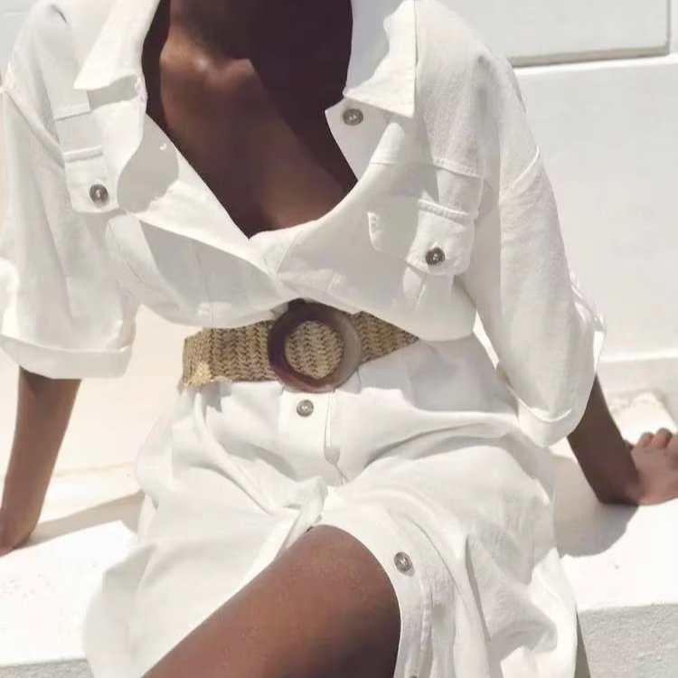 1062A-58 Women's European and American Style Wholesale White Overalls Style Short Sleeve Belt with Midi Skirt Shirt Dress Dress