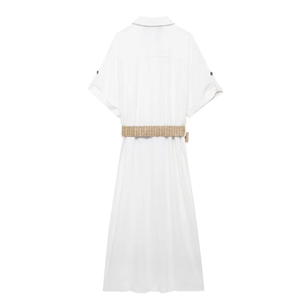 1062A-58 Women's European and American Style Wholesale White Overalls Style Short Sleeve Belt with Midi Skirt Shirt Dress Dress