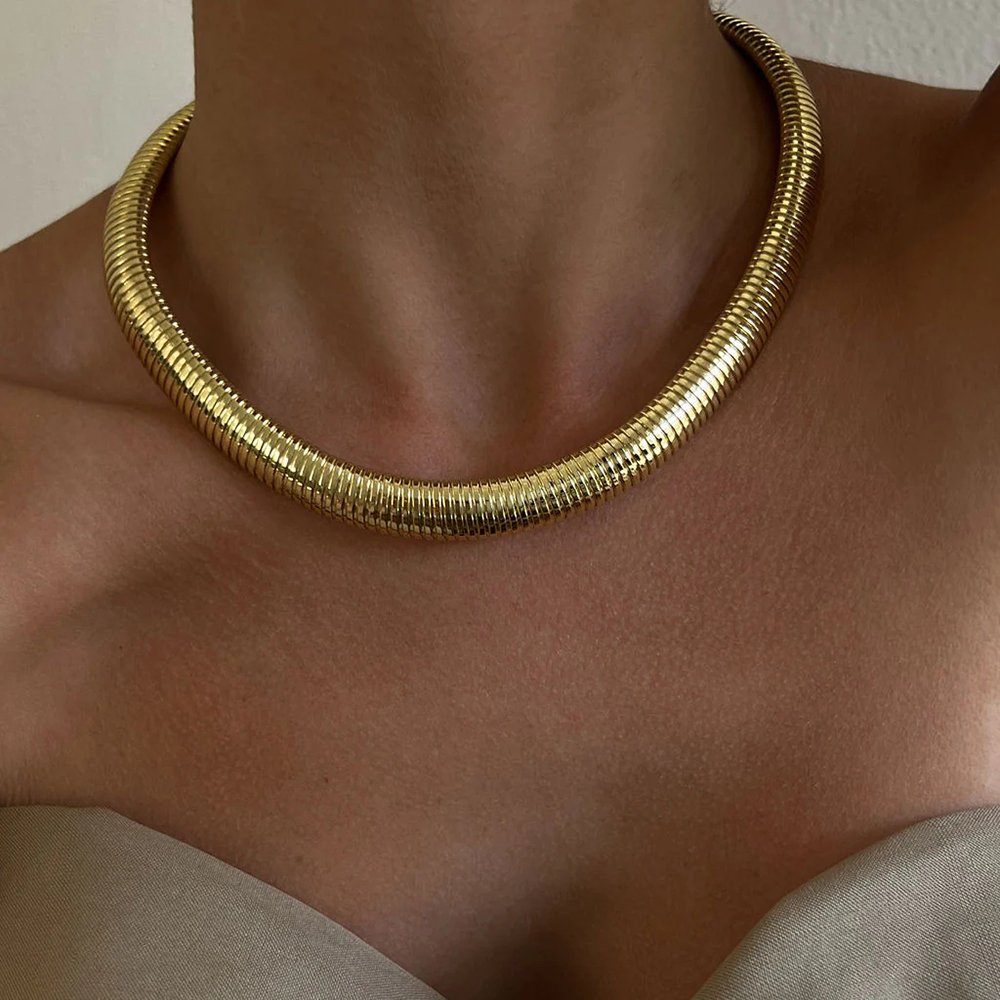 10mm 16k Gold Plated Stainless Steel Minimalist Chunky Belt Snake Chain Bracelets Choker Necklaces Sets