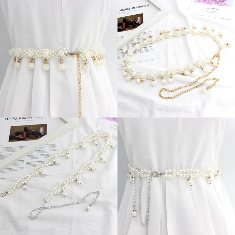 Women Pearl Dress Decorative Waist Elegant Thin Waistband Metal Belt Beaded Hook Waist Chain