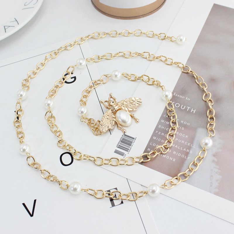 Women Pearl Dress Decorative Waist Elegant Thin Waistband Metal Belt Beaded Hook Waist Chain